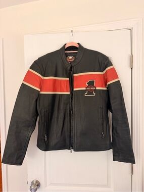 Harley-Davidson Victory Lane #1 Orange Stripe Leather Jacket Size Large